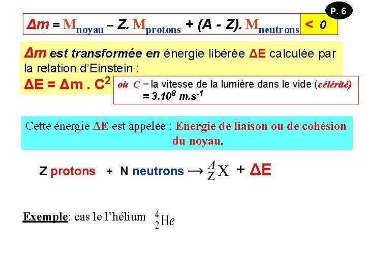 Δm = Mnoyau – Z. Mprotons + (A - Z). Mneutrons < 0 P.