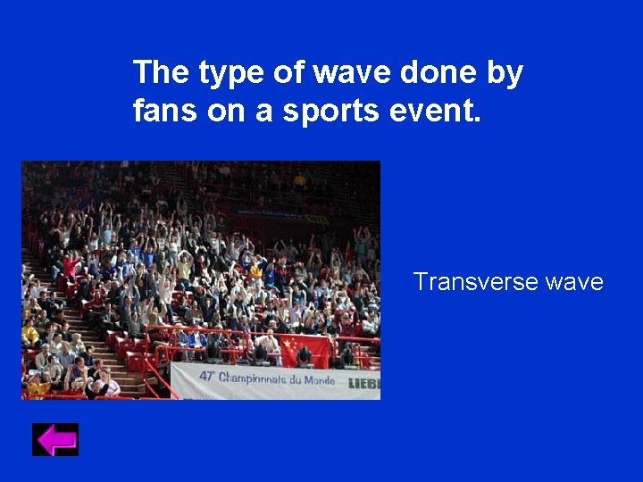 The type of wave done by fans on a sports event. Transverse wave The type of wave done by fans on a sports event. Transverse wave
