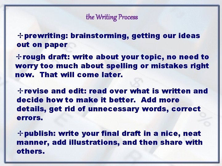 the Writing Process ✢prewriting: brainstorming, getting our ideas out on paper ✢rough draft: write