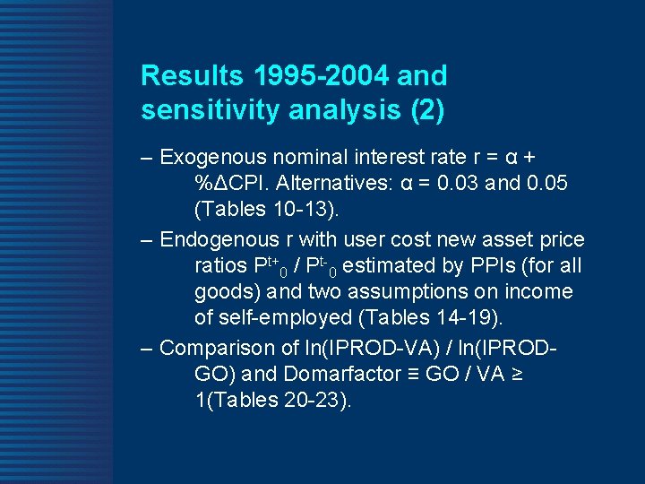 Results 1995 -2004 and sensitivity analysis (2) – Exogenous nominal interest rate r =