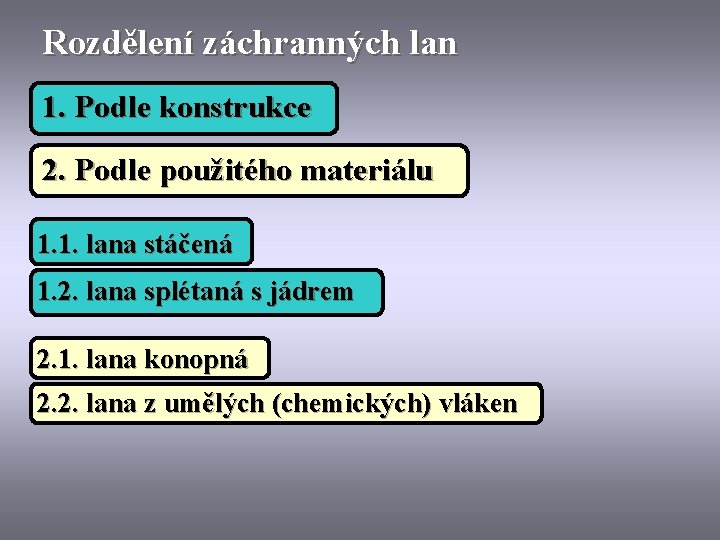 Rozdělení záchranných lan 1. Podle konstrukce 2. Podle použitého materiálu 1. 1. lana stáčená