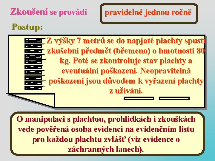 Zkoušení se provádí pravidelně jednou ročně Postup: Z výšky 7 metrů se do napjaté