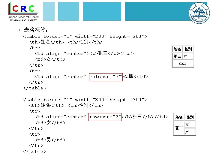  • 表格标签： <table border="1" width="300" height="300"> <th>姓名</th> <th>性别</th> <tr> <td align=“center”><b>张三</b></td> <td>女</td> </tr>