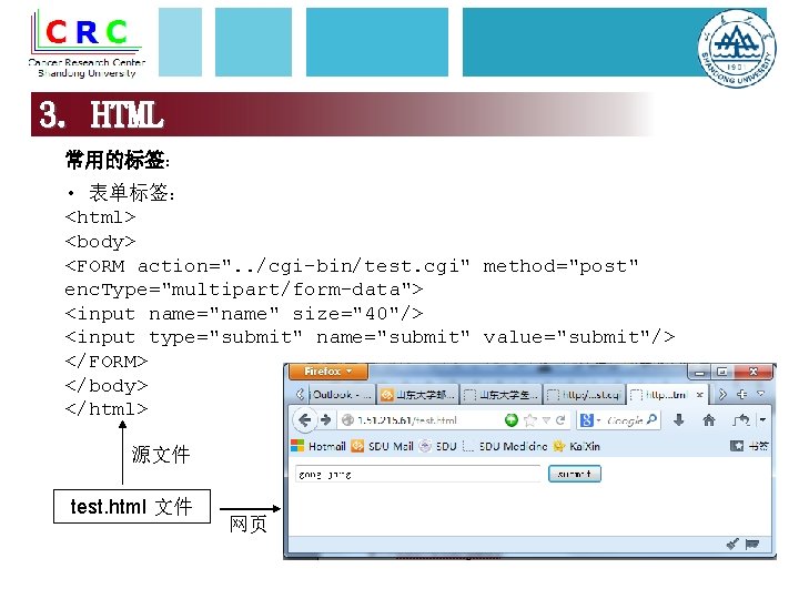 3. HTML 常用的标签： • 表单标签： <html> <body> <FORM action=". . /cgi-bin/test. cgi" method="post" enc.