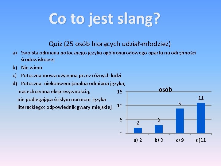 Co to jest slang? Quiz (25 osób biorących udział-młodzież) a) Swoista odmiana potocznego języka