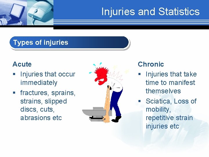 Injuries and Statistics Types of injuries Acute § Injuries that occur immediately § fractures,