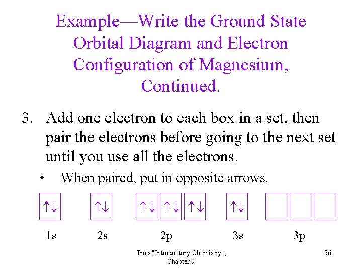 Example—Write the Ground State Orbital Diagram and Electron Configuration of Magnesium, Continued. 3. Add Example—Write the Ground State Orbital Diagram and Electron Configuration of Magnesium, Continued. 3. Add