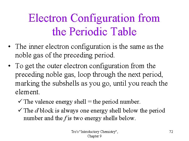 Electron Configuration from the Periodic Table • The inner electron configuration is the same Electron Configuration from the Periodic Table • The inner electron configuration is the same