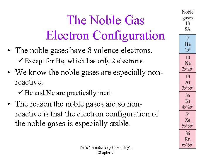 The Noble Gas Electron Configuration • The noble gases have 8 valence electrons. ü The Noble Gas Electron Configuration • The noble gases have 8 valence electrons. ü