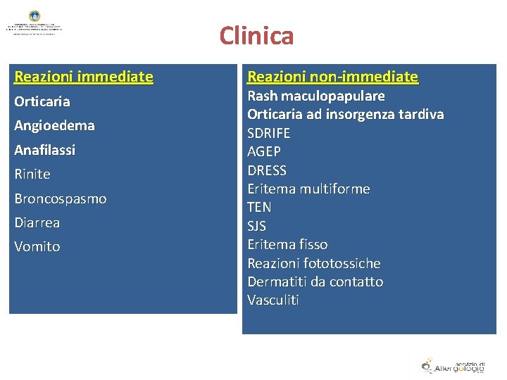 Clinica Reazioni immediate Orticaria Angioedema Anafilassi Rinite Broncospasmo Diarrea Vomito Reazioni non-immediate Rash maculopapulare