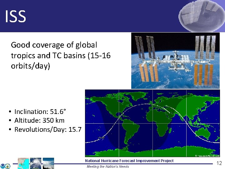 ISS Good coverage of global tropics and TC basins (15 -16 orbits/day) • Inclination: