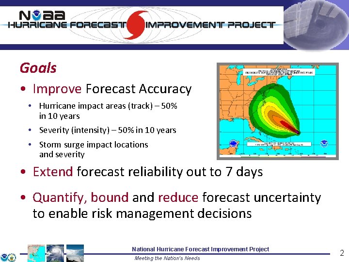 Goals • Improve Forecast Accuracy • Hurricane impact areas (track) – 50% in 10