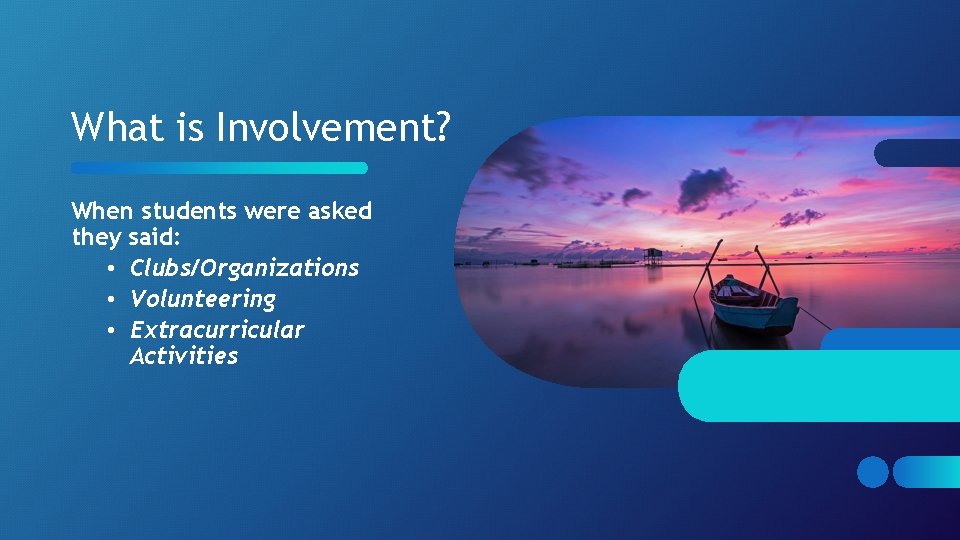 What is Involvement? When students were asked they said: • Clubs/Organizations • Volunteering • What is Involvement? When students were asked they said: • Clubs/Organizations • Volunteering •