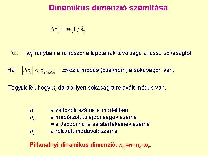 Dinamikus dimenzió számítása wj irányban a rendszer állapotának távolsága a lassú sokaságtól ez a