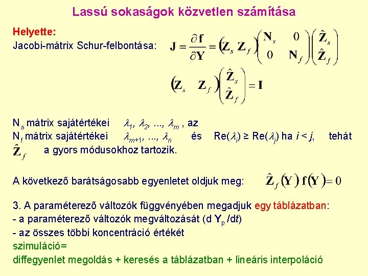 Lassú sokaságok közvetlen számítása Helyette: Jacobi-mátrix Schur-felbontása: Ns mátrix sajátértékei 1, 2, . .