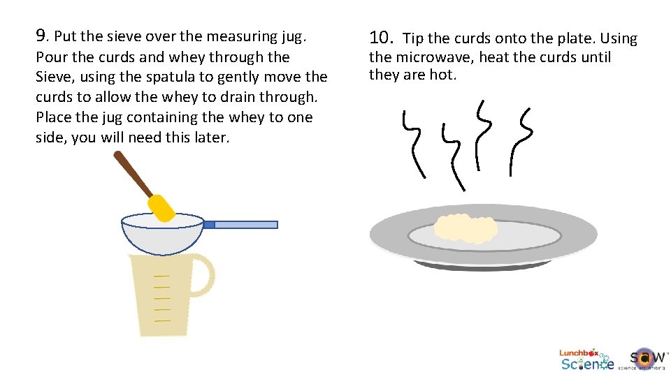 9. Put the sieve over the measuring jug. Pour the curds and whey through