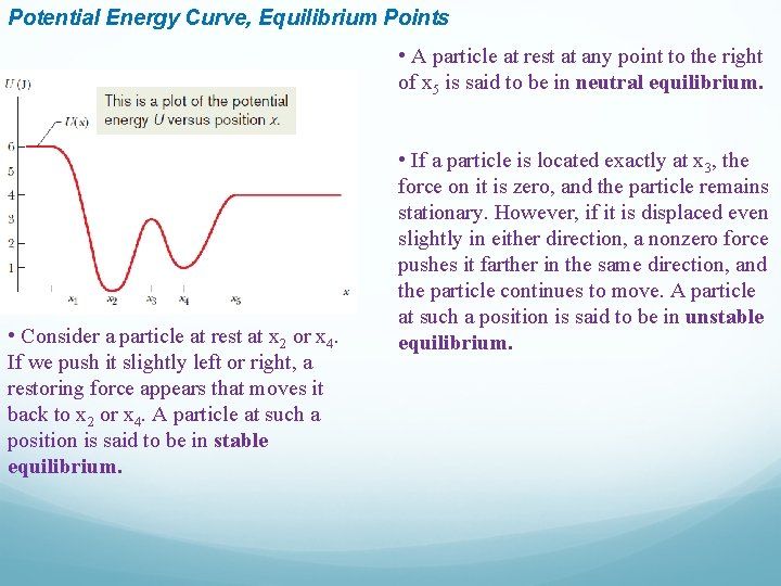 Potential Energy Curve, Equilibrium Points • A particle at rest at any point to Potential Energy Curve, Equilibrium Points • A particle at rest at any point to