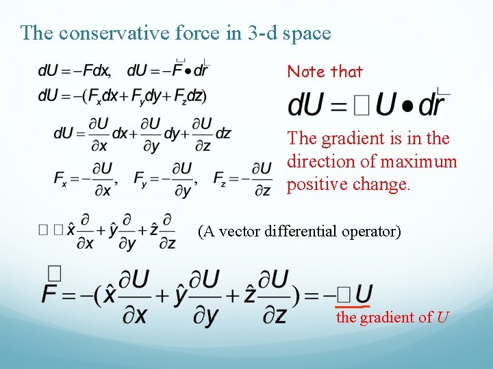 The conservative force in 3 -d space Note that The gradient is in the The conservative force in 3 -d space Note that The gradient is in the