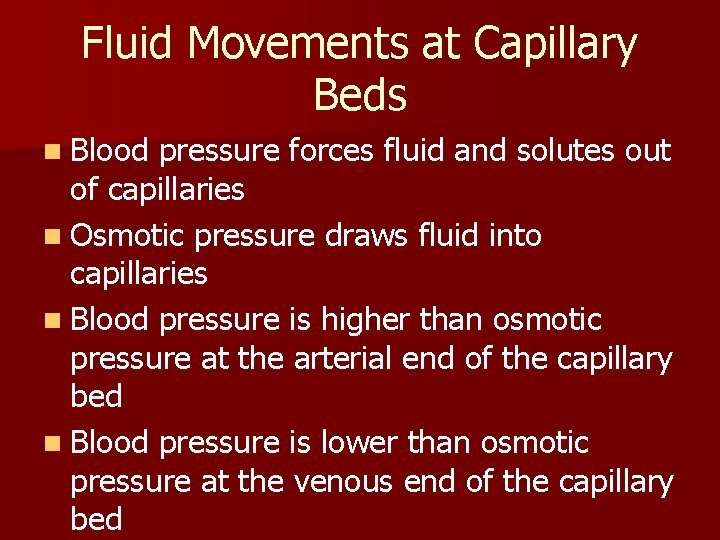 Fluid Movements at Capillary Beds n Blood pressure forces fluid and solutes out of Fluid Movements at Capillary Beds n Blood pressure forces fluid and solutes out of