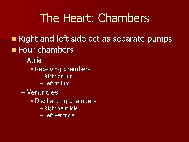 The Heart: Chambers n Right and left side act as separate pumps n Four The Heart: Chambers n Right and left side act as separate pumps n Four