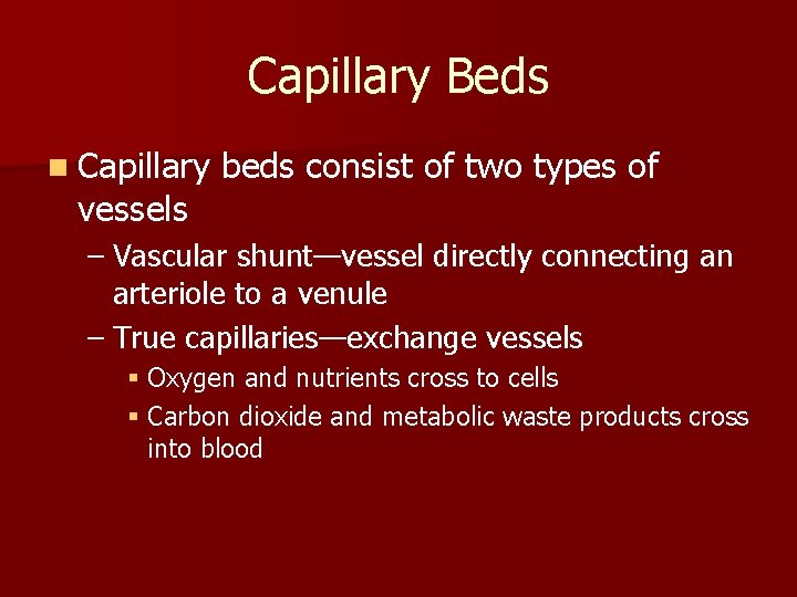 Capillary Beds n Capillary vessels beds consist of two types of – Vascular shunt—vessel Capillary Beds n Capillary vessels beds consist of two types of – Vascular shunt—vessel