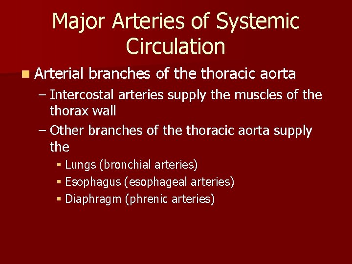 Major Arteries of Systemic Circulation n Arterial branches of the thoracic aorta – Intercostal Major Arteries of Systemic Circulation n Arterial branches of the thoracic aorta – Intercostal