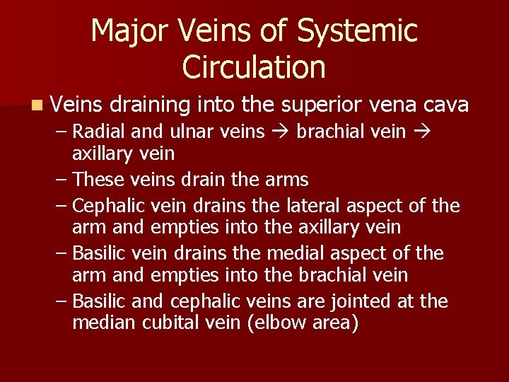 Major Veins of Systemic Circulation n Veins draining into the superior vena cava – Major Veins of Systemic Circulation n Veins draining into the superior vena cava –