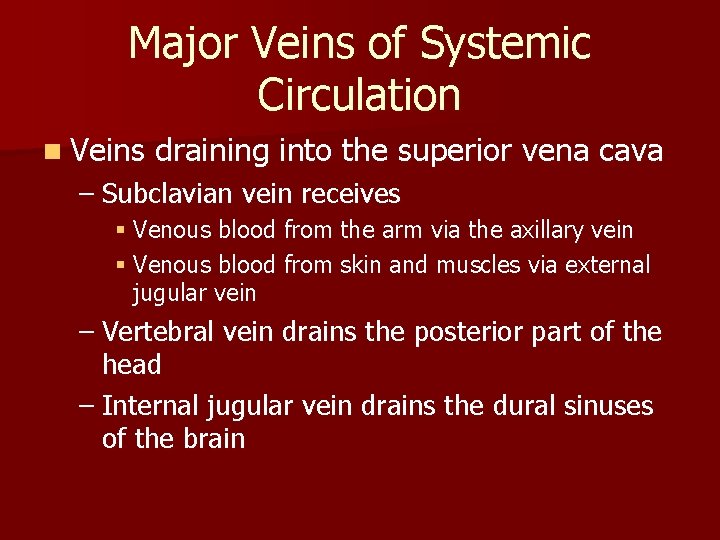 Major Veins of Systemic Circulation n Veins draining into the superior vena cava – Major Veins of Systemic Circulation n Veins draining into the superior vena cava –