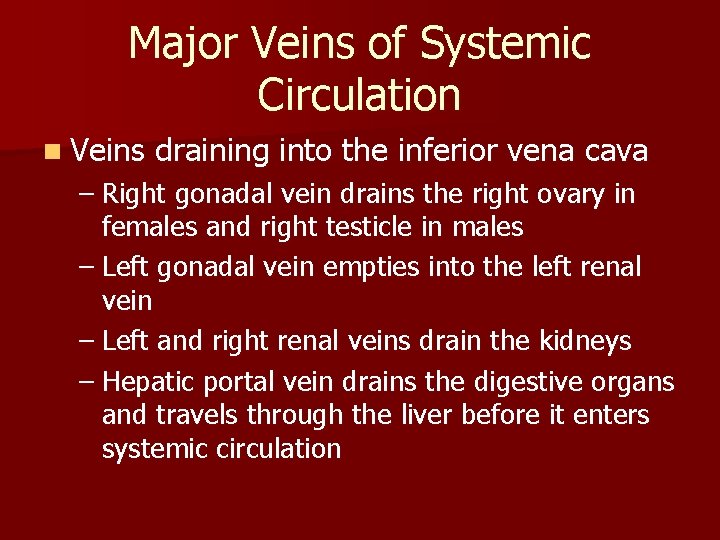 Major Veins of Systemic Circulation n Veins draining into the inferior vena cava – Major Veins of Systemic Circulation n Veins draining into the inferior vena cava –