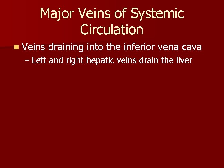 Major Veins of Systemic Circulation n Veins draining into the inferior vena cava – Major Veins of Systemic Circulation n Veins draining into the inferior vena cava –