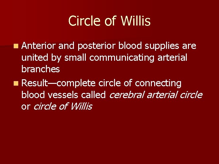 Circle of Willis n Anterior and posterior blood supplies are united by small communicating Circle of Willis n Anterior and posterior blood supplies are united by small communicating