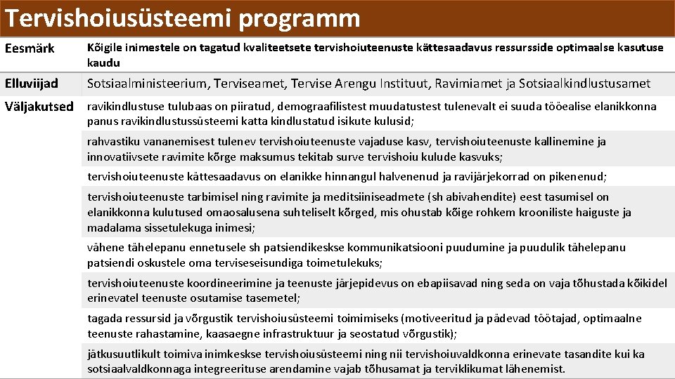 Tervishoiusüsteemi programm Eesmärk Kõigile inimestele on tagatud kvaliteetsete tervishoiuteenuste kättesaadavus ressursside optimaalse kasutuse kaudu