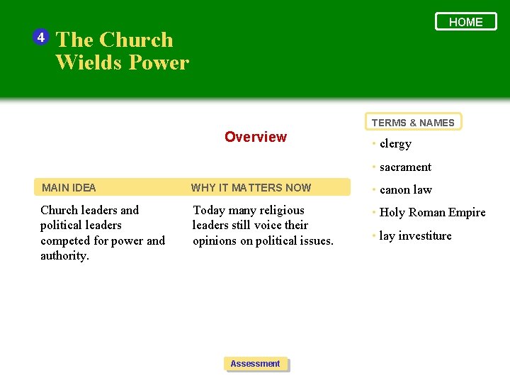4 HOME The Church Wields Power TERMS & NAMES Overview • clergy • sacrament