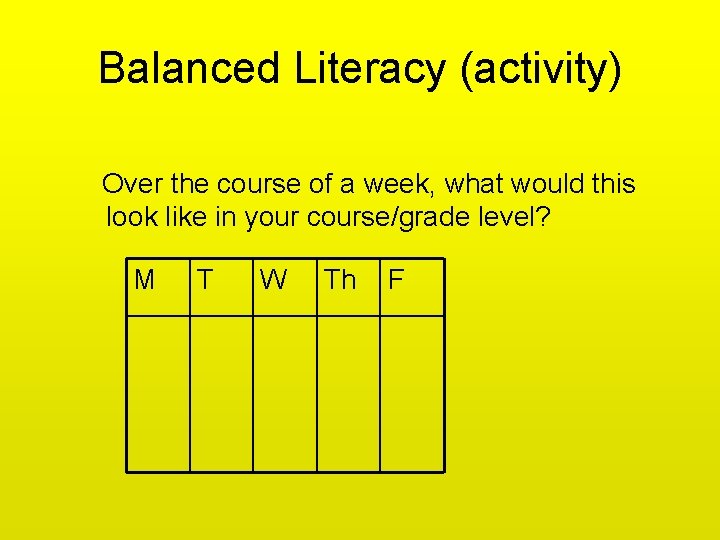 Balanced Literacy (activity) Over the course of a week, what would this look like