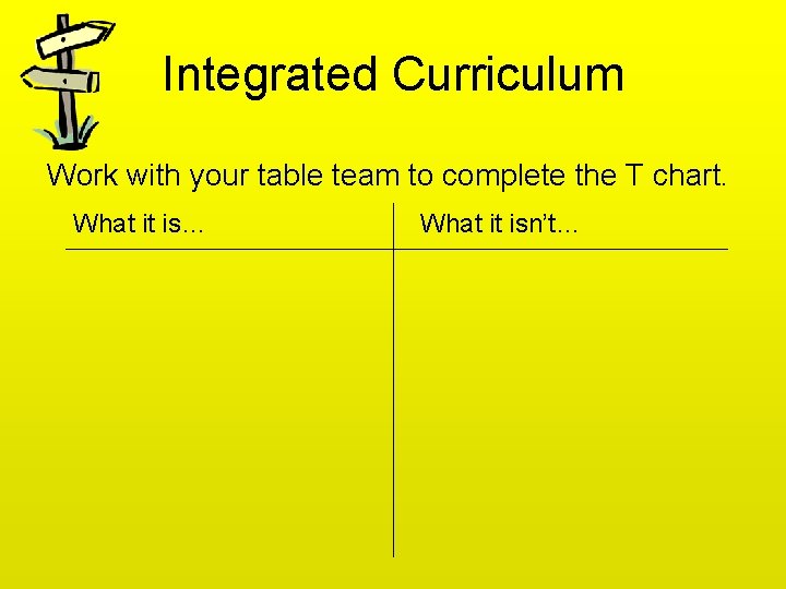 Integrated Curriculum Work with your table team to complete the T chart. What it