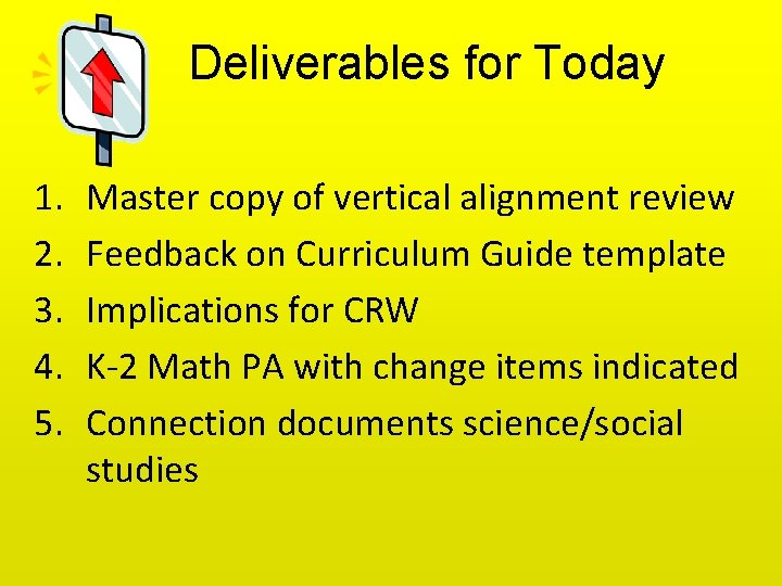 Deliverables for Today 1. 2. 3. 4. 5. Master copy of vertical alignment review