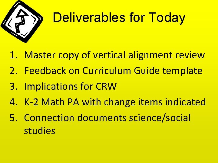 Deliverables for Today 1. 2. 3. 4. 5. Master copy of vertical alignment review