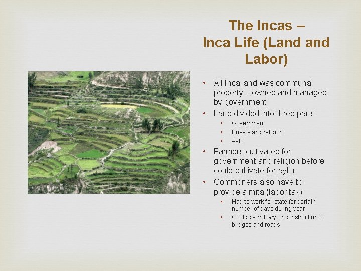 The Incas – Inca Life (Land Labor) • • All Inca land was communal