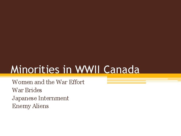 Minorities in WWII Canada Women and the War Effort War Brides Japanese Internment Enemy