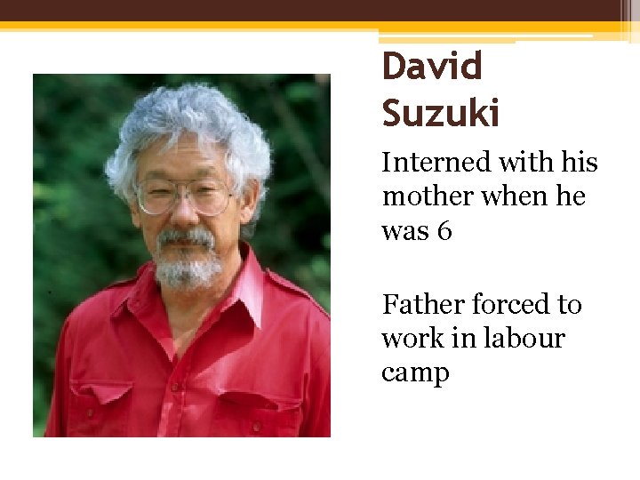 David Suzuki Interned with his mother when he was 6 Father forced to work