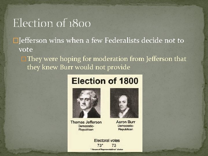 Election of 1800 �Jefferson wins when a few Federalists decide not to vote �