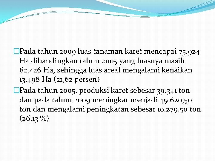 �Pada tahun 2009 luas tanaman karet mencapai 75. 924 Ha dibandingkan tahun 2005 yang