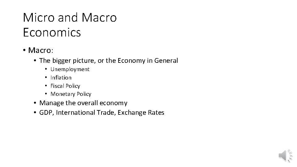 Micro and Macro Economics • Macro: • The bigger picture, or the Economy in