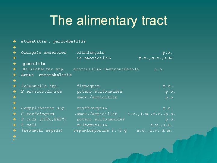 The alimentary tract u stomatitis , periodontitis u u Obligate anaerobes u u clindamycin