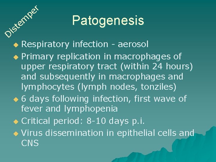 r e p m e st i D Patogenesis Respiratory infection - aerosol u