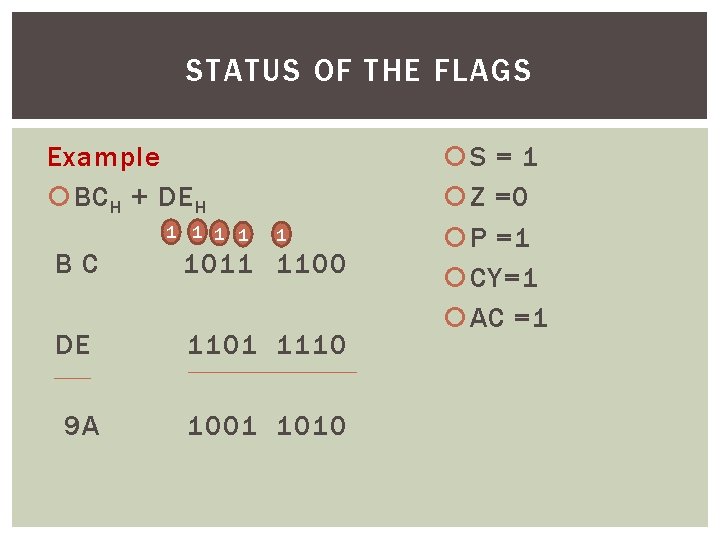STATUS OF THE FLAGS Example BC H + DE H 1 1 1 BC