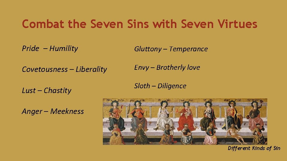 Combat the Seven Sins with Seven Virtues Pride – Humility Gluttony – Temperance Covetousness