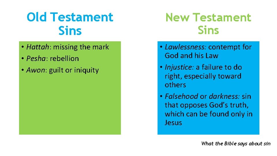 Old Testament Sins • Hattah: missing the mark • Pesha: rebellion • Awon: guilt