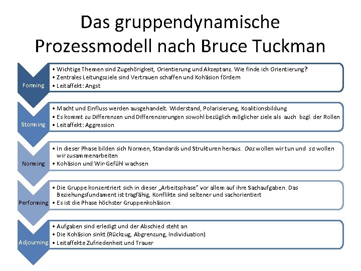 Das gruppendynamische Prozessmodell nach Bruce Tuckman Forming • Wichtige Themen sind Zugehörigkeit, Orientierung und