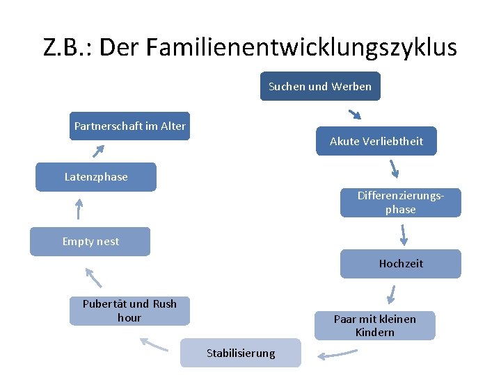 Z. B. : Der Familienentwicklungszyklus Suchen und Werben Partnerschaft im Alter Akute Verliebtheit Latenzphase